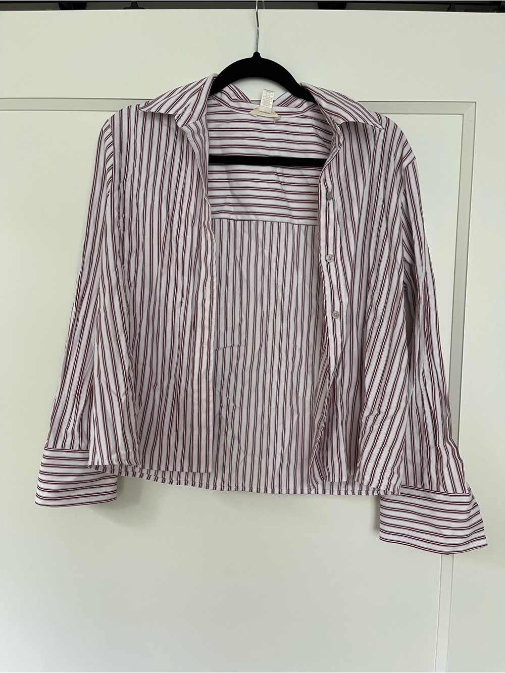 Women's White Button-Down Shirt with Burgundy Stripes